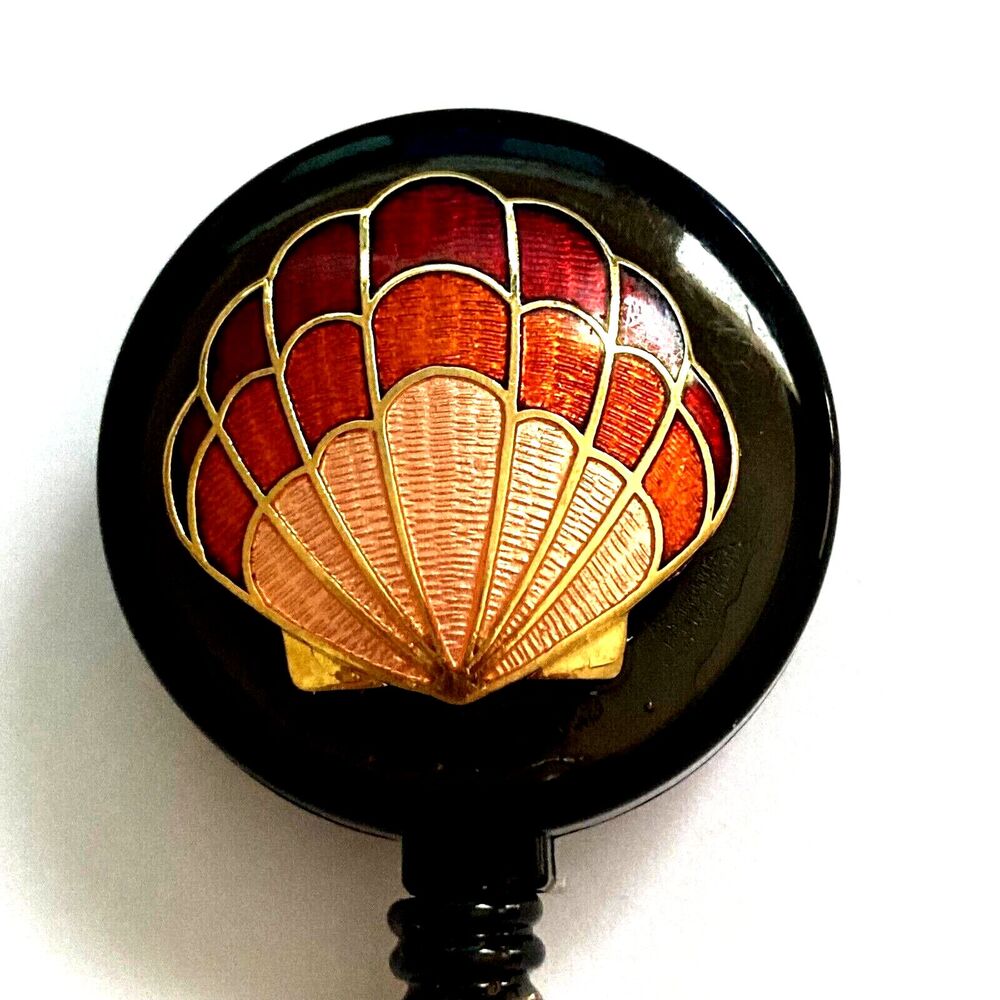 Vtg Sea Shell Cloisonne Charm ID Card Badge Holder Lanyard Retractable Reel